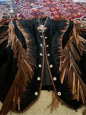 Diamond Leathers Black Suede Jacket with Brown Fringe